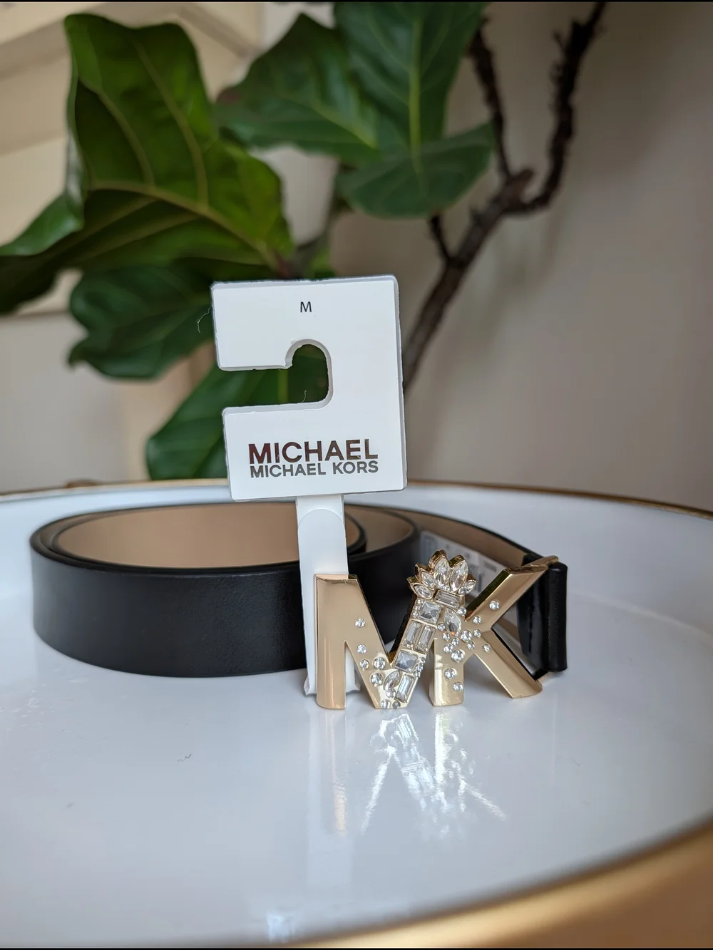 Michael Kors Black Leather Belt with Gold MK Crystal Buckle